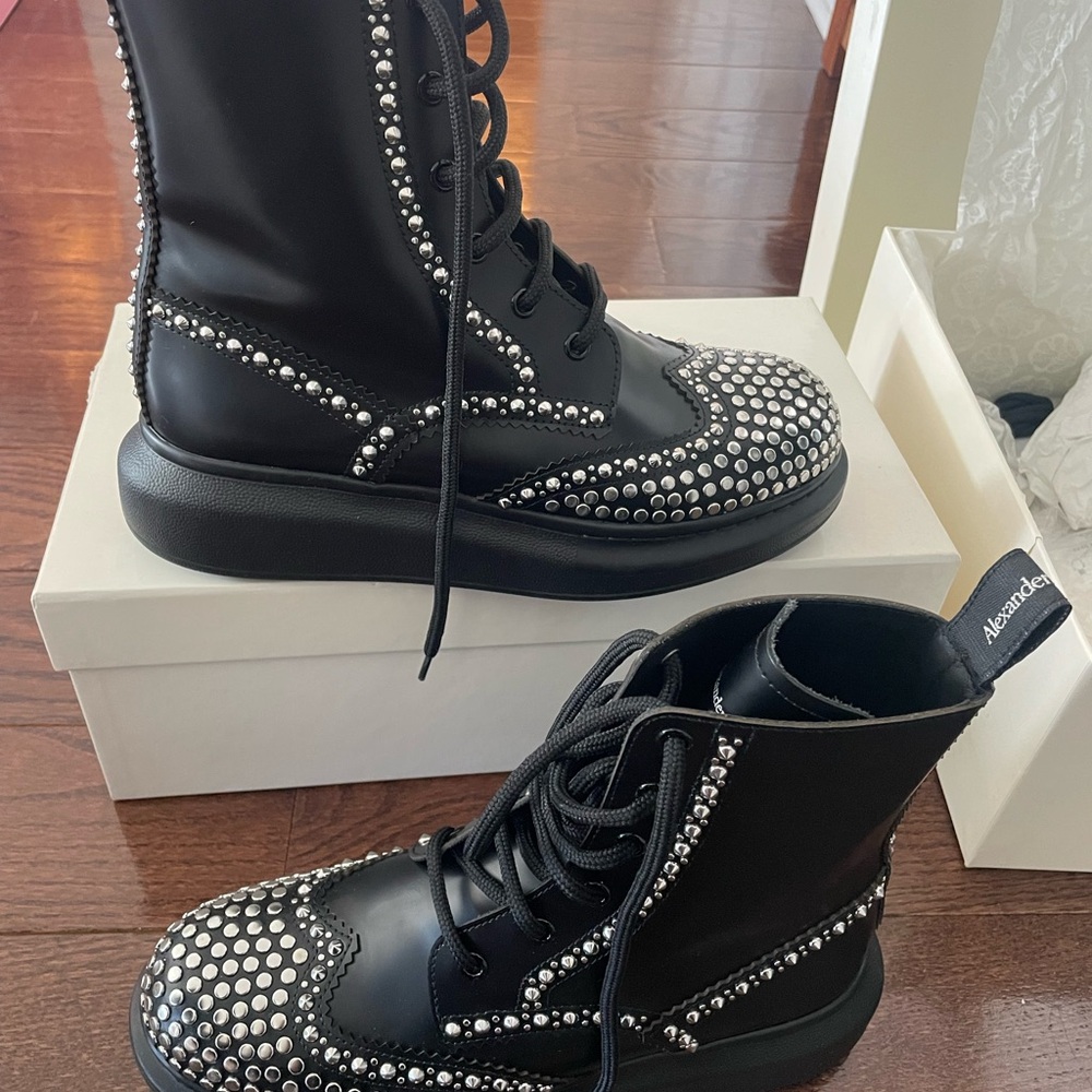 Alexander McQueen Black Lace Up Boots with Silver Studs